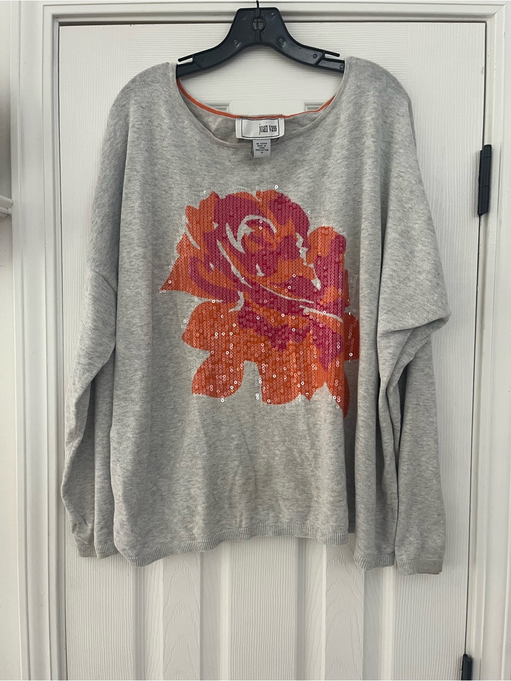 Joan Vass Grey 100% Cotton Sweatshirt with Clear Sequin Fuchsia & Orange Rose